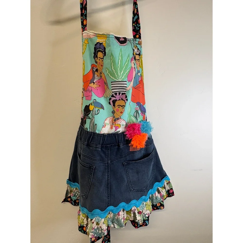 Handmade Upcycled Frida Kahlo Denim Apron Ruffle Pom Pom One Size 34in